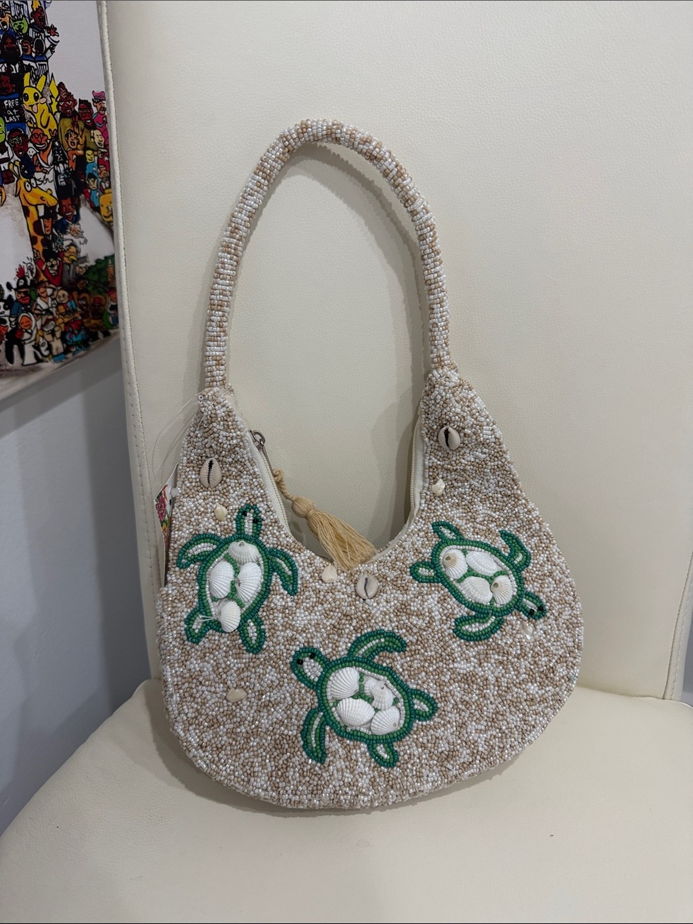 America & Beyond Cream/White/Green Beaded Sea Turtle Accent Shoulder Bag